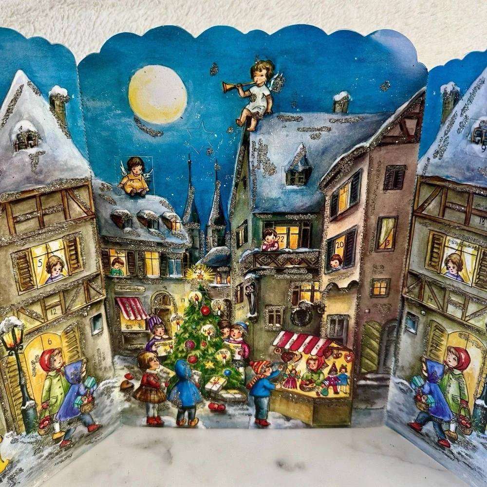 VTG Christmas Advent Calendar Fold Out Pop Up West Germany Glitter New Display